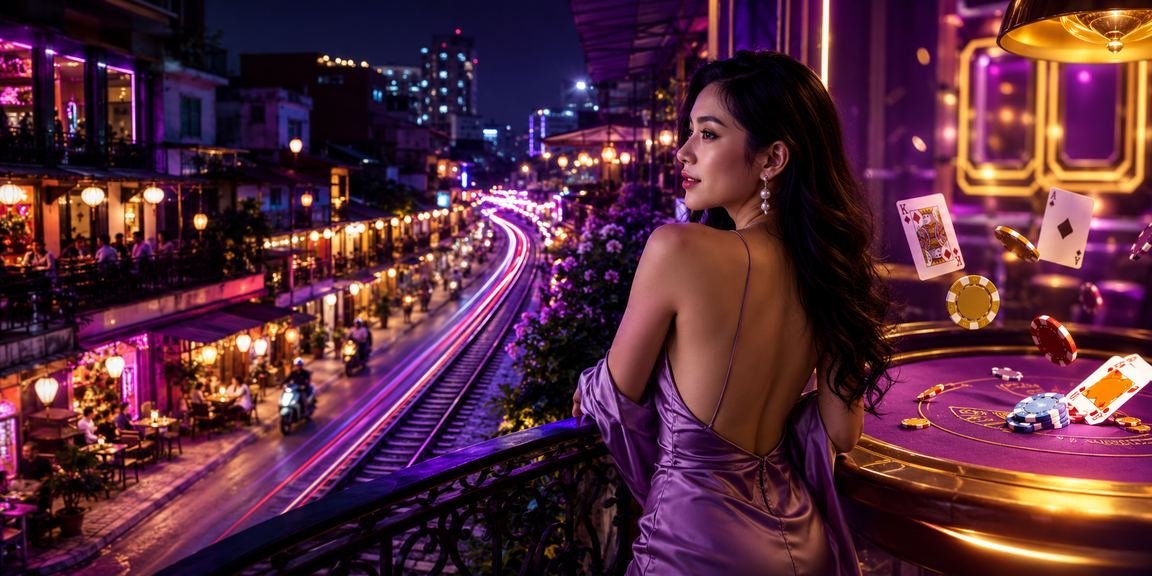 Không gian chơi bài đêm Hà Nội với ánh đèn neon sôi động và bảo mật hiện đại