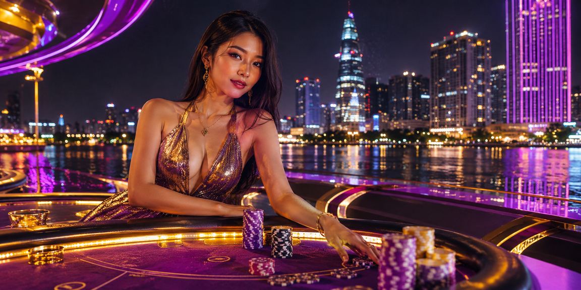 Không gian giải trí casino neon sống động ở vùng Mekong với ánh sáng màu rực rỡ