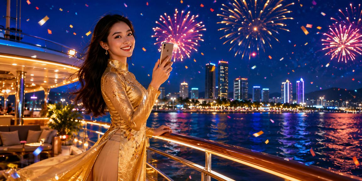 Người chơi casino trực tuyến trên điện thoại tại Nha Trang trong trang phục áo dài